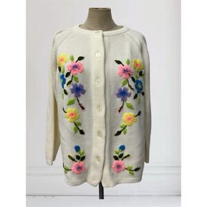 VTG Women L Cream Cardigan Sweater Neon Floral Embroidery Cottage Boho Coquette